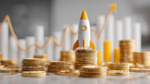 Crowdfunding and startup funding boost seed capital and finance growth shown by rocket on coin stacks with rising graph in background.