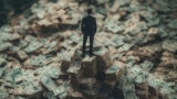 Businessman standing on a mountain of cash, symbolizing wealth, success, financial power, and prosperity in an overwhelming accumulation of money.