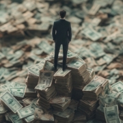 Businessman standing on a mountain of cash, symbolizing wealth, success, financial power, and prosperity in an overwhelming accumulation of money.