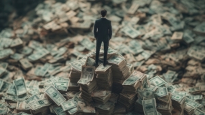 Businessman standing on a mountain of cash, symbolizing wealth, success, financial power, and prosperity in an overwhelming accumulation of money.