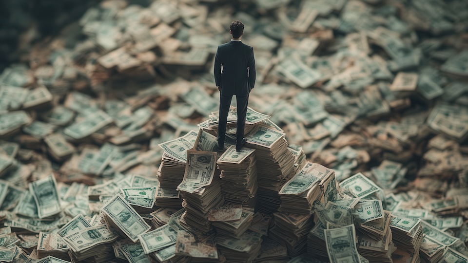 Businessman standing on a mountain of cash, symbolizing wealth, success, financial power, and prosperity in an overwhelming accumulation of money. Businessman standing on a mountain of cash, symbolizing wealth, success, financial power, and prosperity in an overwhelming accumulation of money.