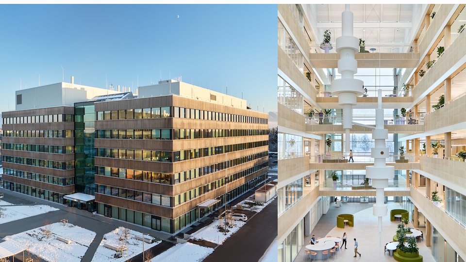 Neues Diagnostik-Innovationszentrum von Roche in Penzberg von außen und mit luftigem Innenbereich