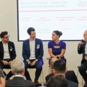 Dr. Philipp Kinsky (Partner bei Herbst Kinsky Rechtsanwälte), Peter Llewellyn-Davies (Vorstandsvorsitzender BIOTECH AUSTRIA), Univ.-Prof. Dr. Monika Köppl-Turyna (Direktorin von EcoAustria), Florian Frauscher (Sektionschef im Bundesministerium für Wirtschaft, Energie und Tourismus)