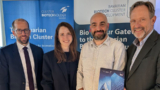 Vorstellung des Jahresreports in Martinsried (v.l.): Dr. Julian Dieler (StMWi), Verena Vitz (EY), Dr. Jonas Helma-Smets (Tubulis) und Prof. Ralf Huss (BioM)