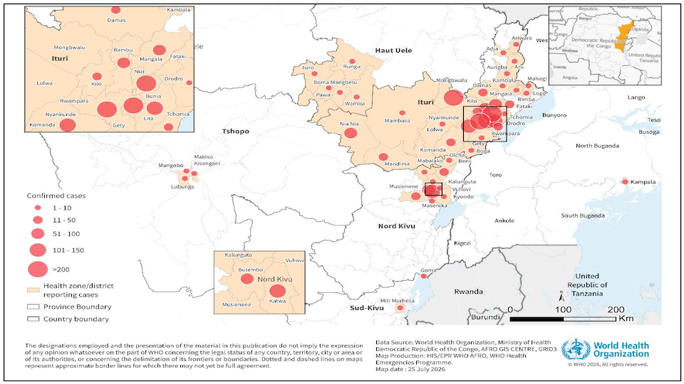 Ebola-Ausbreitungsgebiete im Kongo (Stand 26.7.2026)